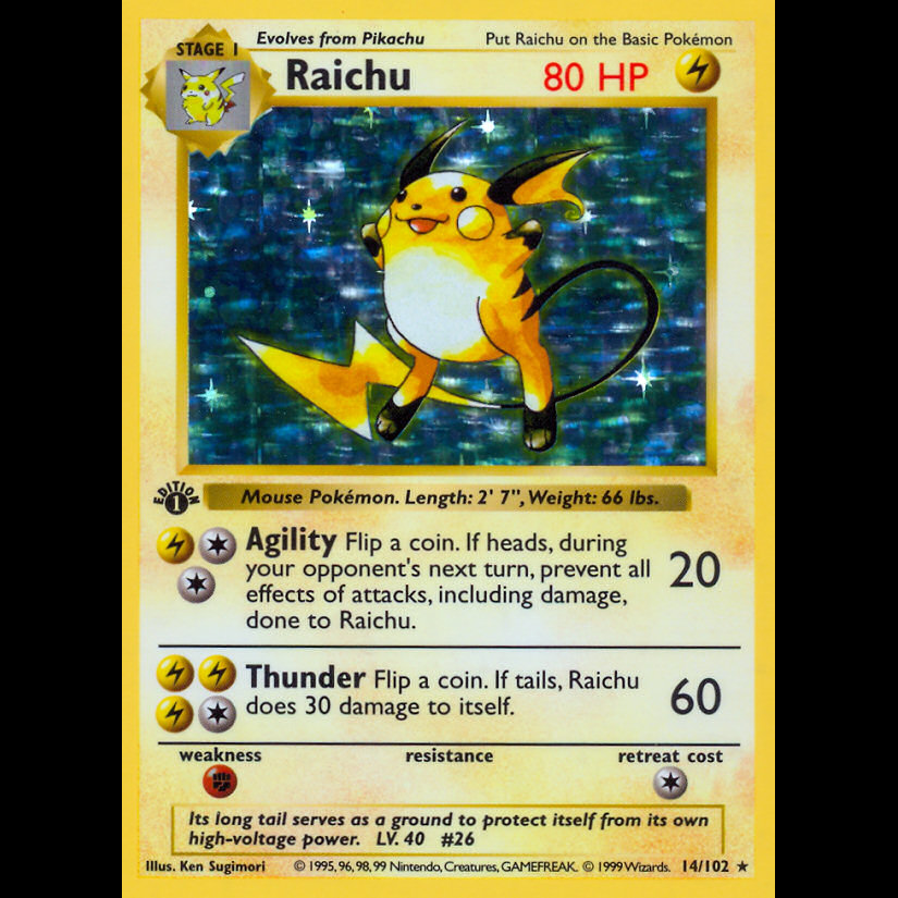 Pokemon RAICHU hotsell HOLO BASE SET SHADOWLESS ! NICE