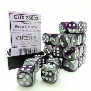 Chessex Dados 12mm Gemini Purple Steel White Dice D6